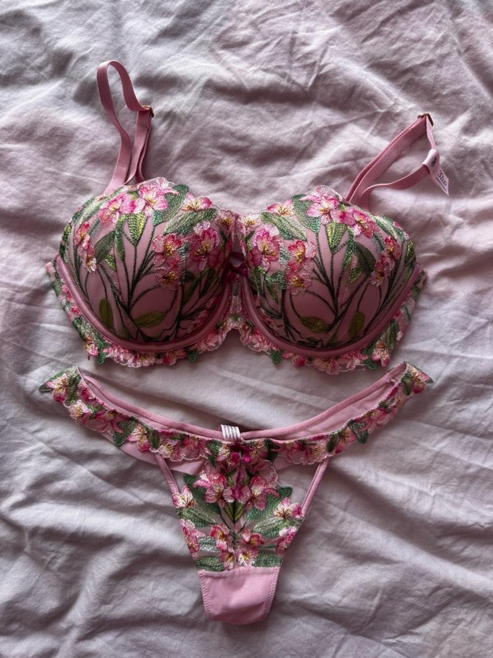 Victoria’s Secret Floral Embroidered Bra & Thong Set Pink 32DD
